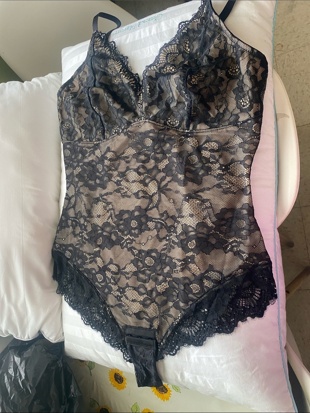 Black Lace Floral Sheer Bodysuit Teddy - Women Intimates
